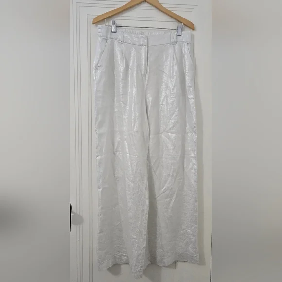 Magaschoni 100% Linen White Silver Wide Leg High Waist Pants, Nwt, Flowy - Picture 2 of 4